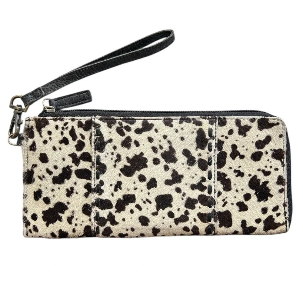 MYRA BAG Cowhide Hair On Hide Wristlet Wallet Brown Ivory Spotted Western Boho - Picture 2 of 7